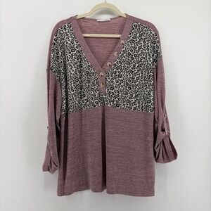 Messic Women's XL‎ Heathered Mauve Leopard Print V-Neck Roll-Tab Sleeve Top